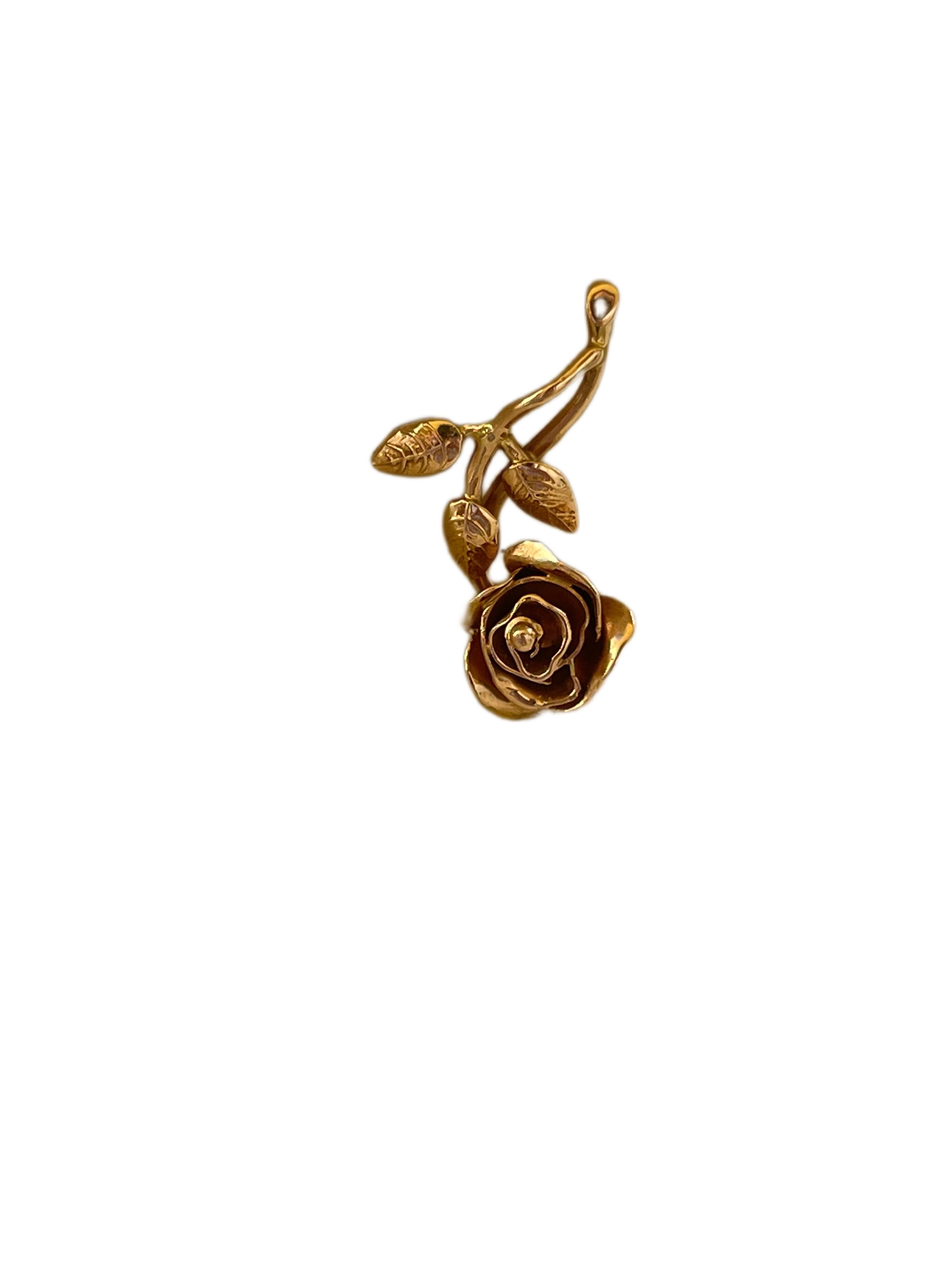 Modern Rose Charm 14KT rose gold pendant HAND carved rose long pendant For Sale
