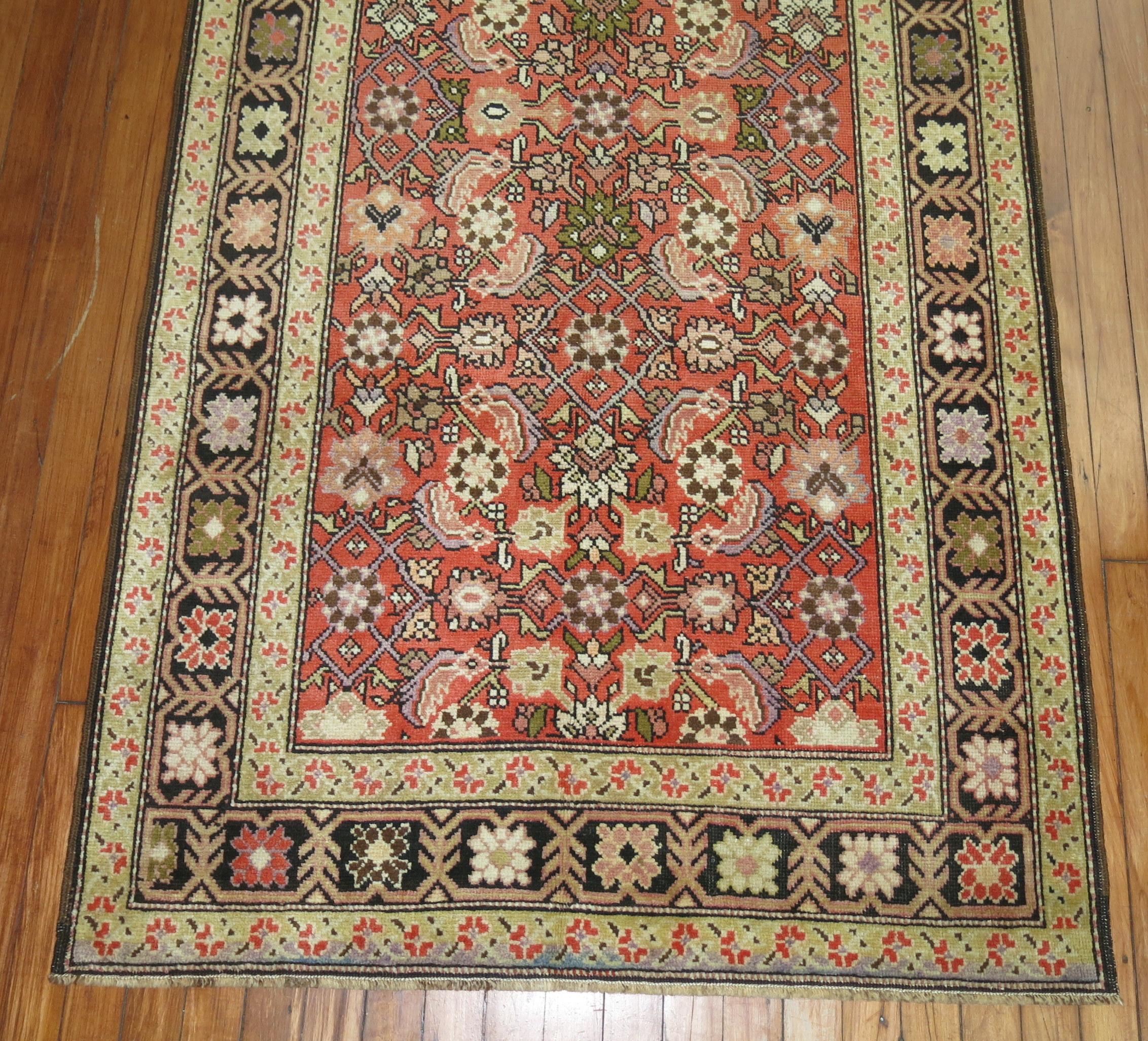 One of a kind Karabagh runner with a soft rose field and dark brown border. The solid repetitive Herati design throughout ~ one of a kind.