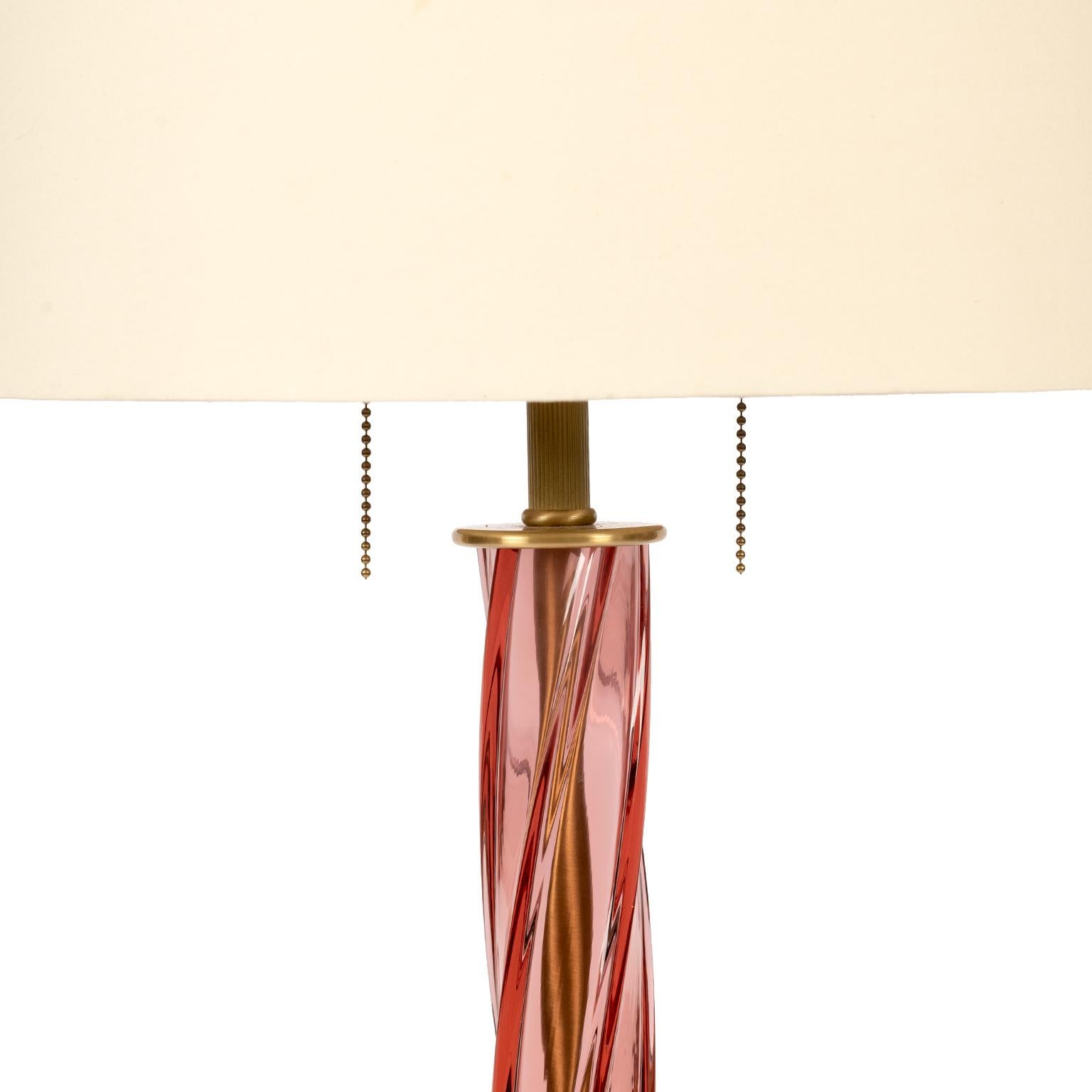 This is a gorgeous vintage rose colored Murano lamp with brass accents, matching finial and

