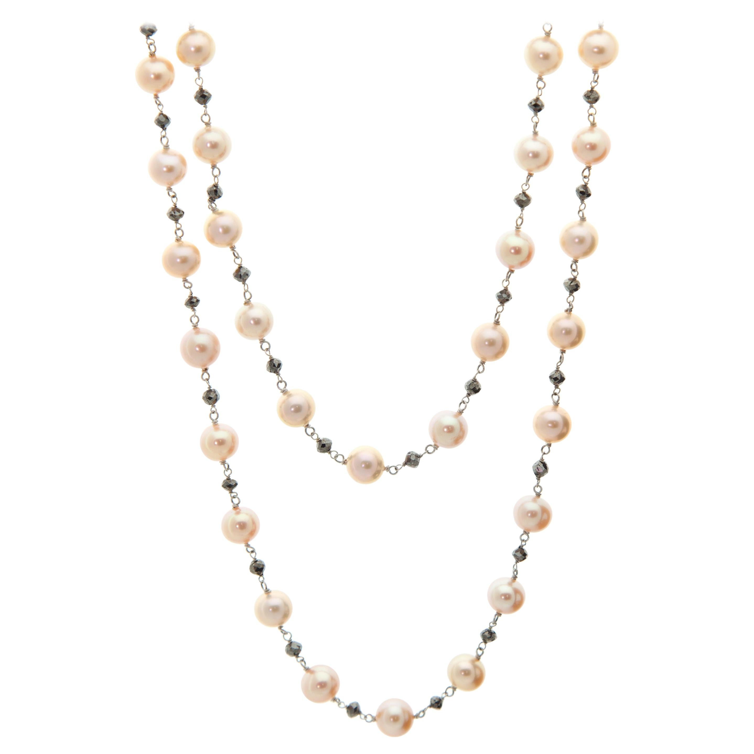 Rose Colored Pearl and Black Briolette Diamond Strand Necklace in White Gold For Sale