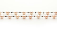 Rose Colored Pearl and Black Briolette Diamond Strand Necklace in White Gold