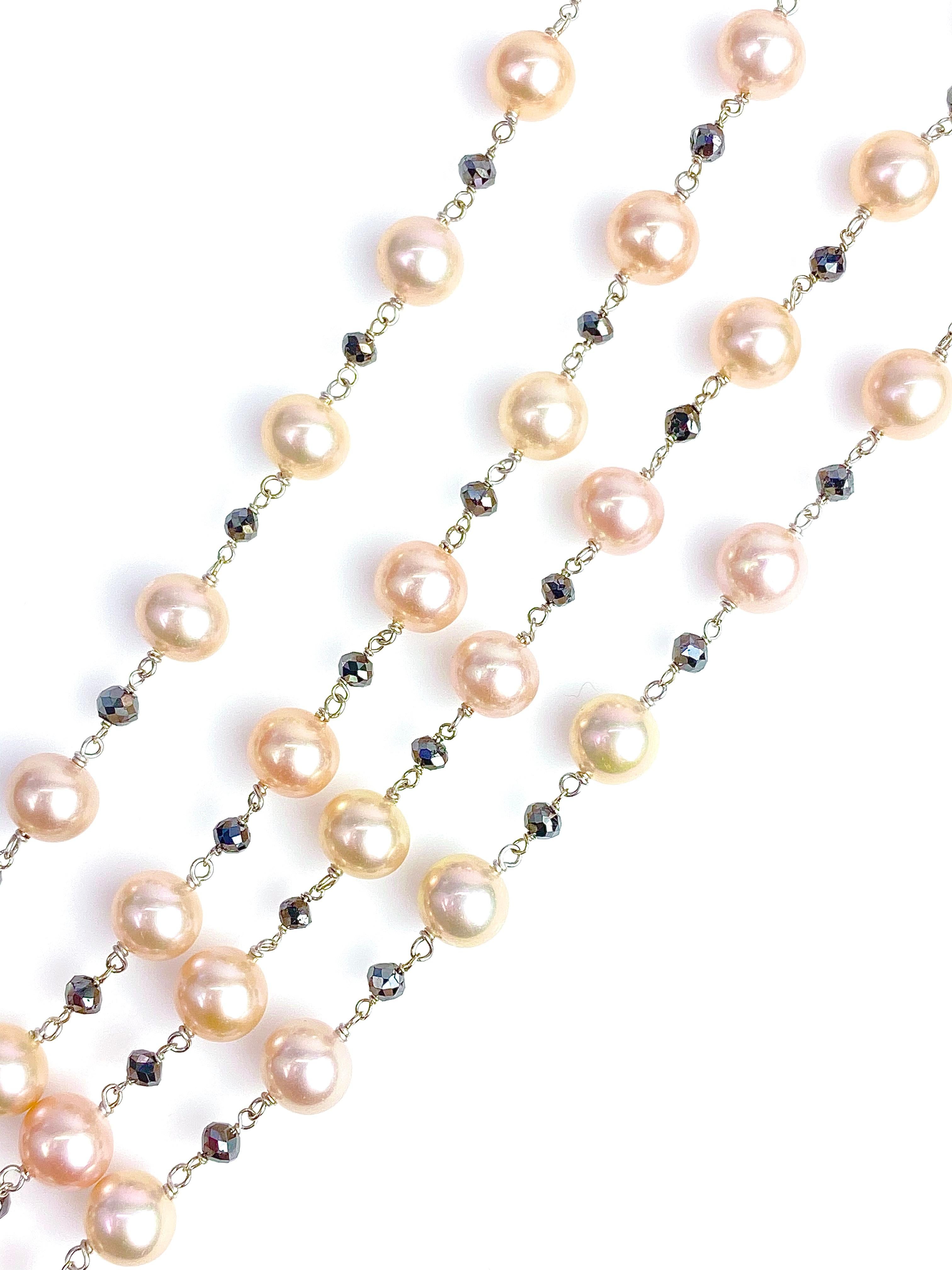 Contemporary Rose Colored Pearl and Black Briolette Diamond Strand Necklace in White Gold For Sale