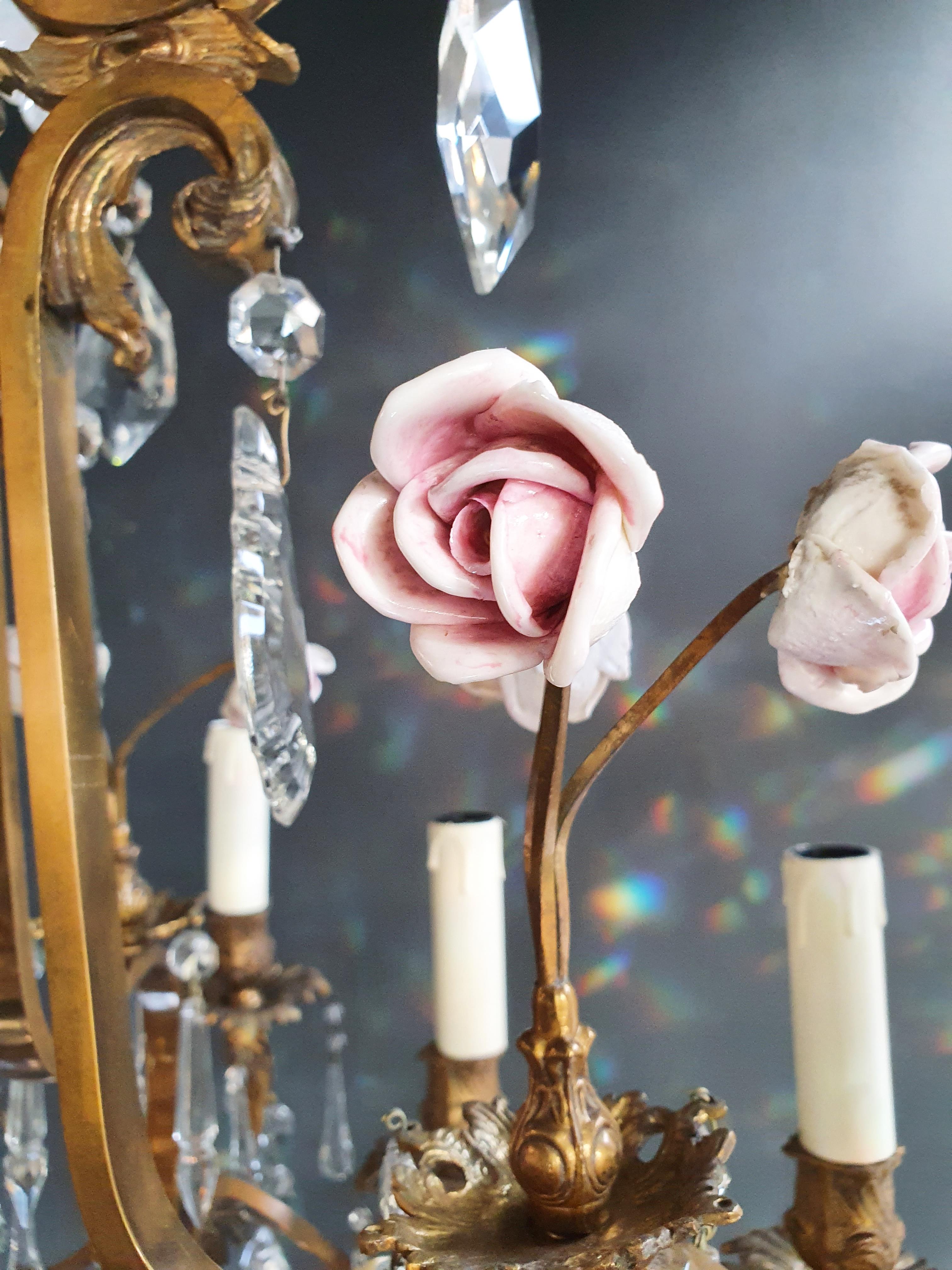 Italian Rose Crystal Antique Chandelier Ceiling Florentiner Lustre Art Nouveau For Sale