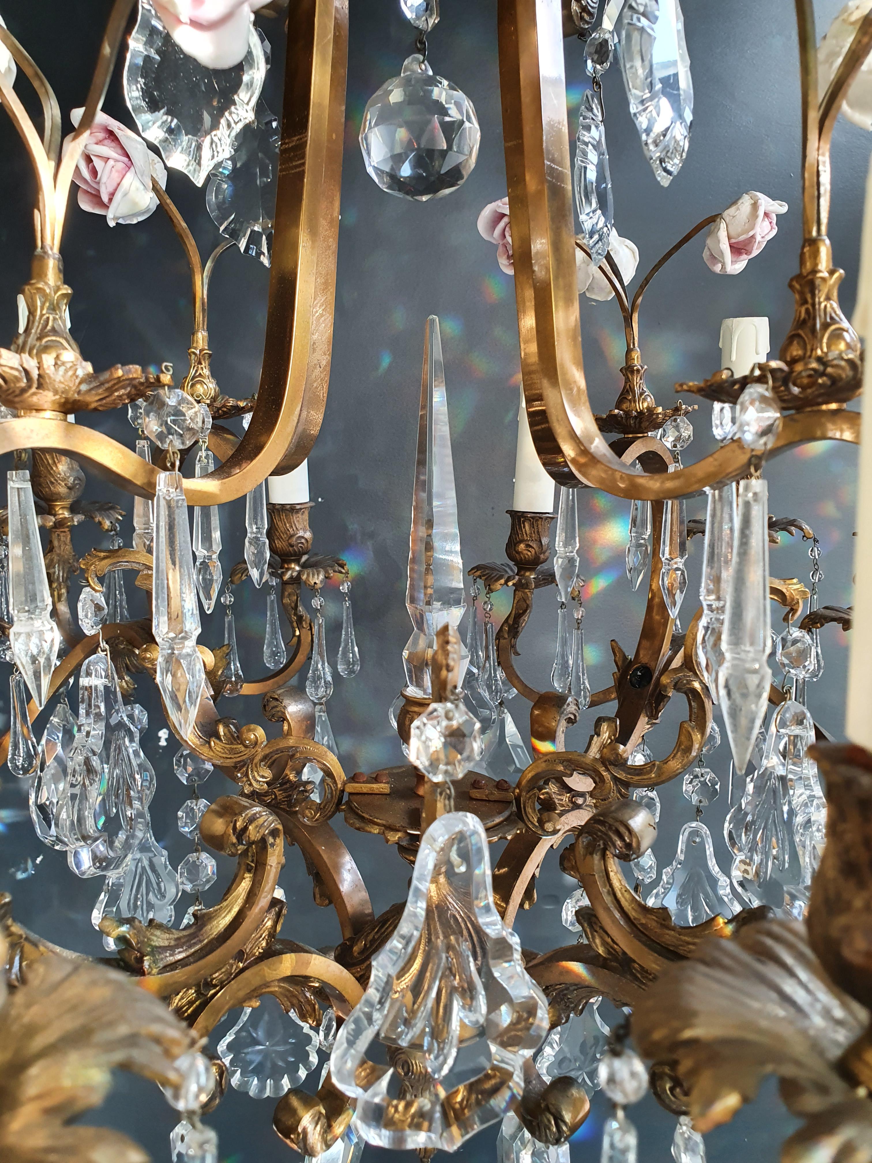 Wire Rose Crystal Antique Chandelier Ceiling Florentiner Lustre Art Nouveau For Sale