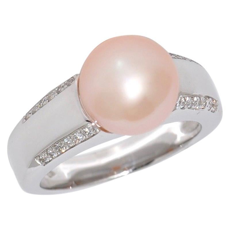 Bague en or blanc 18 carats avec perles de culture roses et diamants blancs