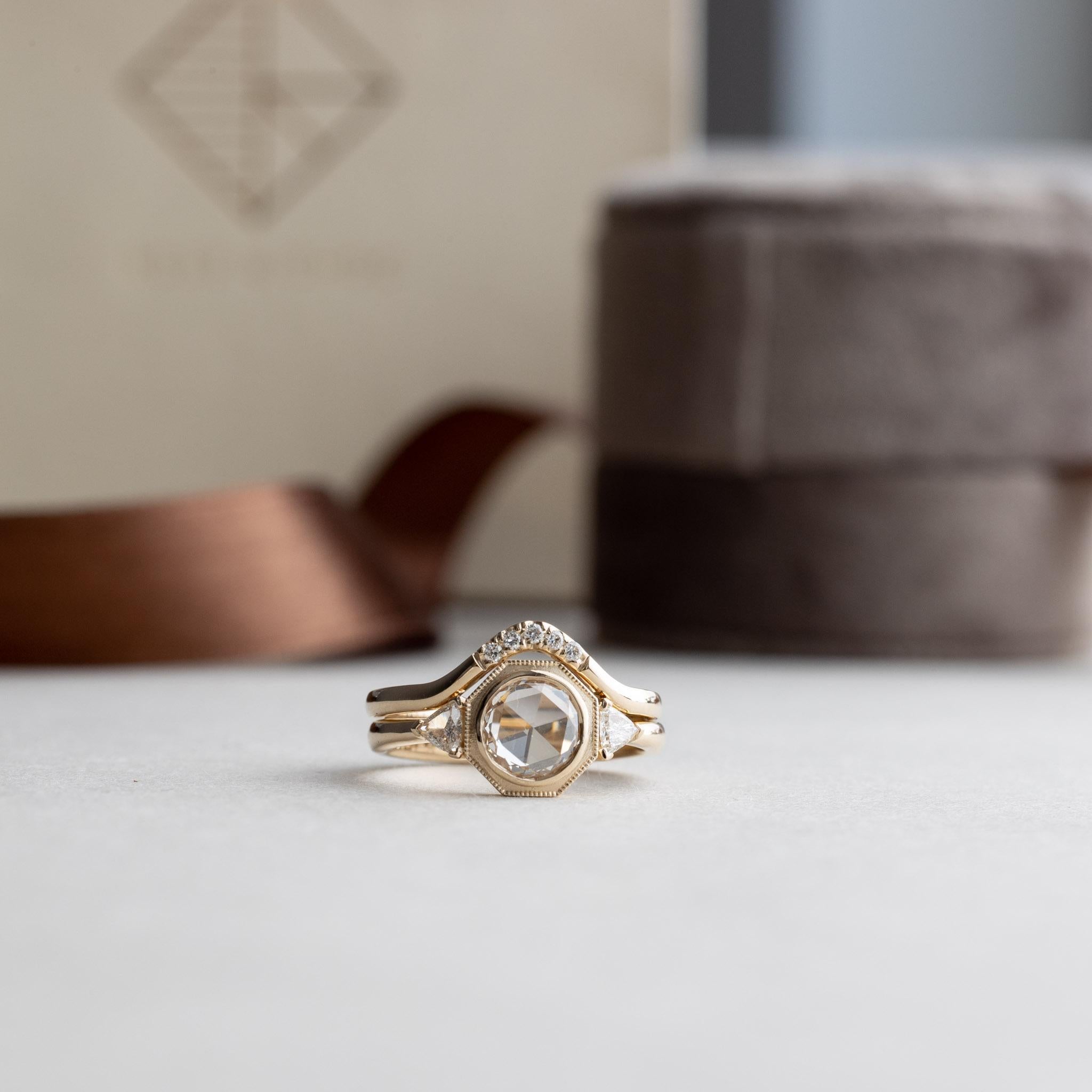 Women's 18K Rose Cut 0.75 Carat Diamond Engagement Ring Set For Sale