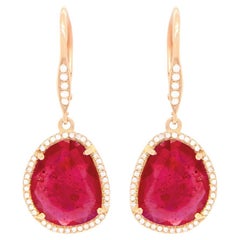 Rose Cut 3 Carats Ruby Earrings Set with Diamonds 14k Gold