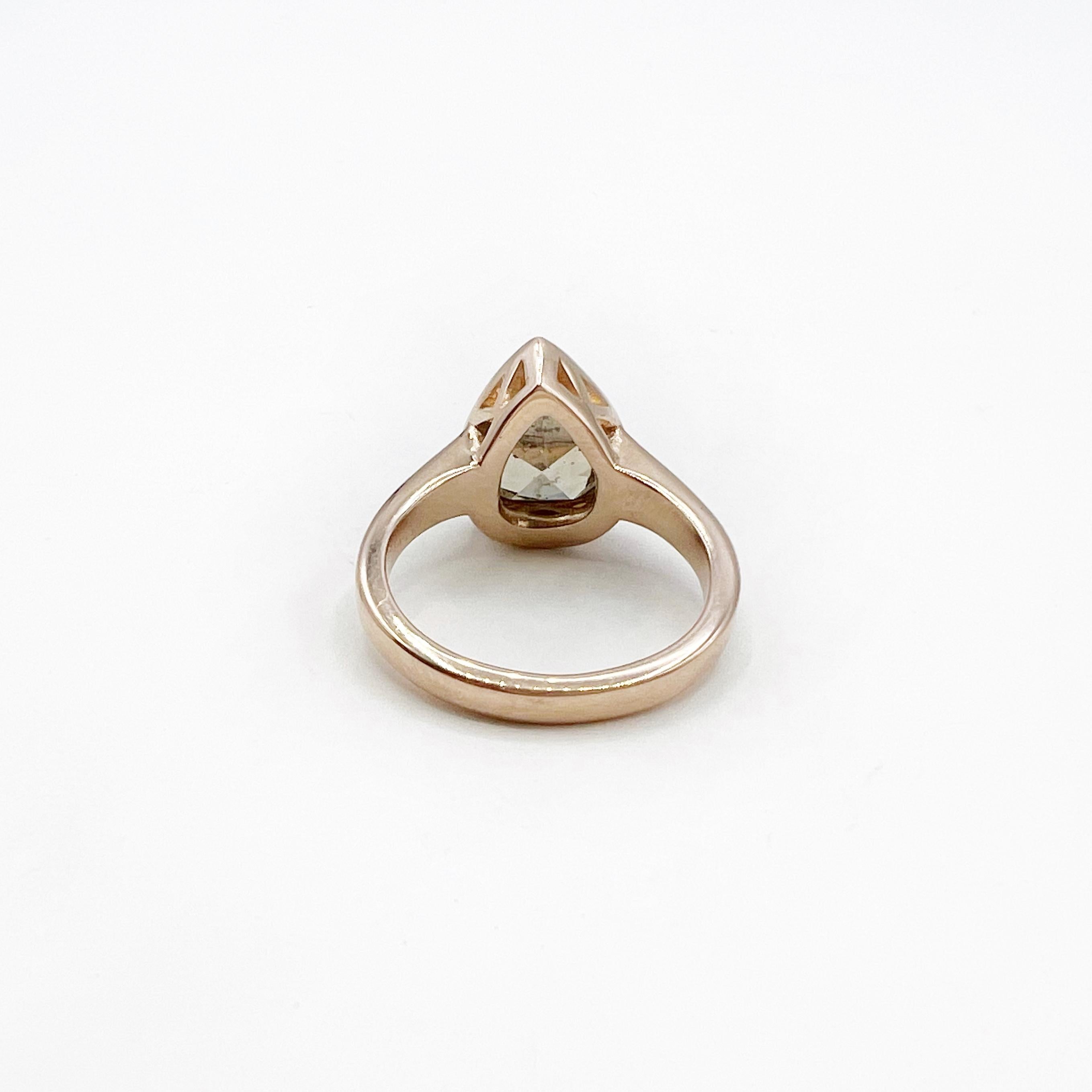 Women's or Men's Rose Cut 3.07 Carat  Pear Shape Diamond Set in 18 Karat Rose Gold Ring