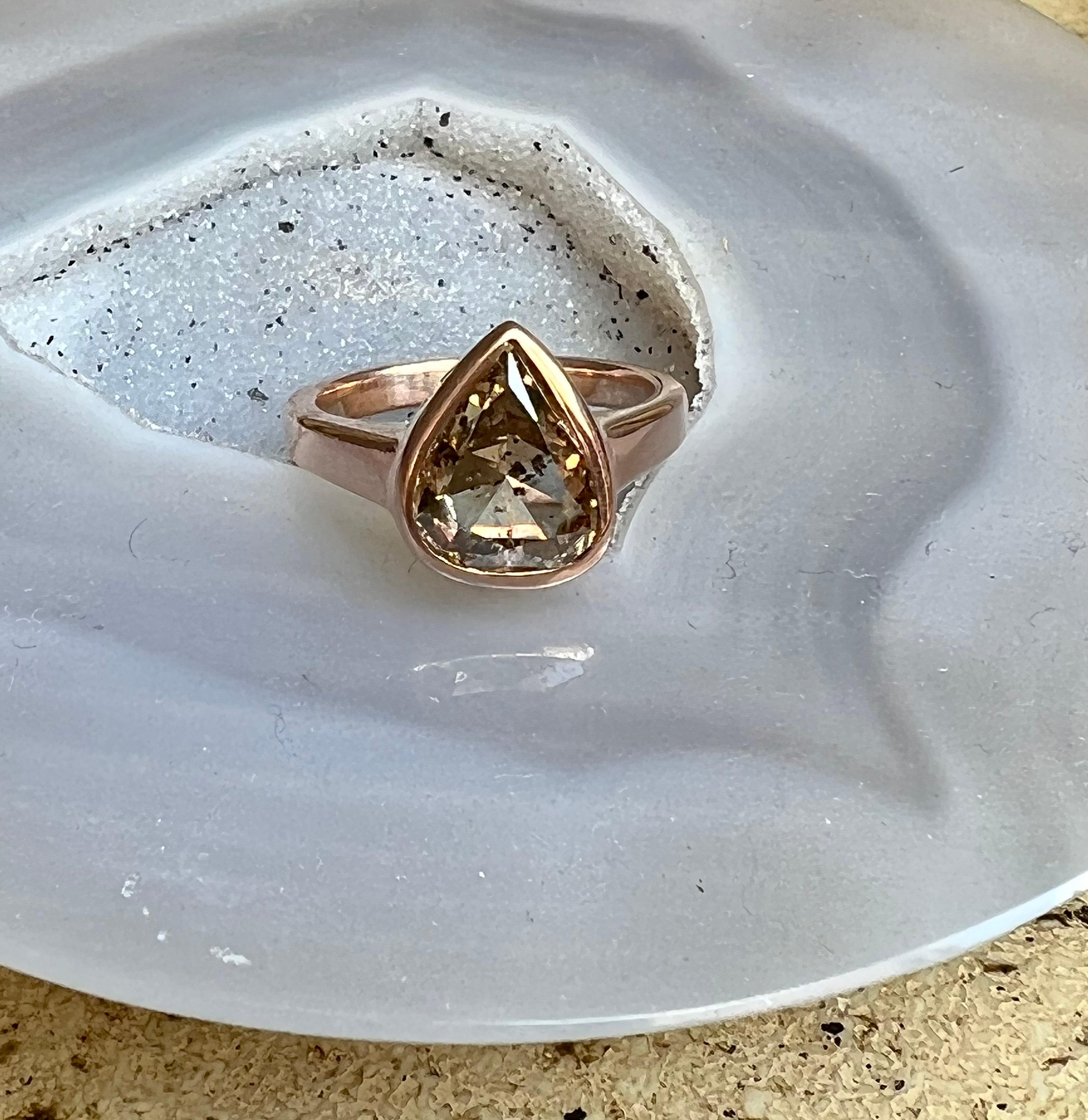 Rose Cut 3.07 Carat  Pear Shape Diamond Set in 18 Karat Rose Gold Ring 1