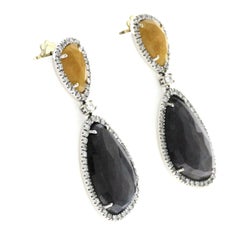 Rose Cut 33 CT Multi Sapphires 1.06 CT Diamonds 18K White Gold Drop Earrings