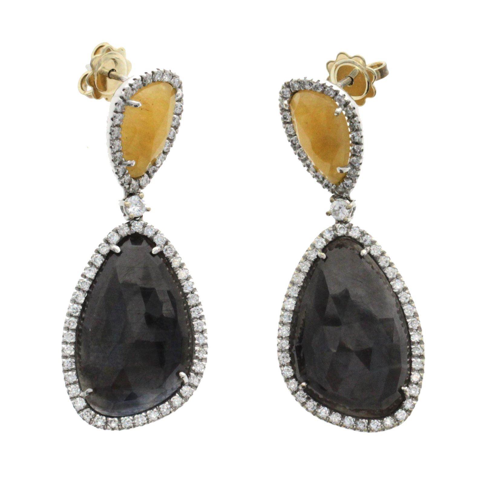 Women's Rose Cut 33 CT Multi Sapphires 1.06 CT Diamonds 18K White Gold Drop Earrings For Sale