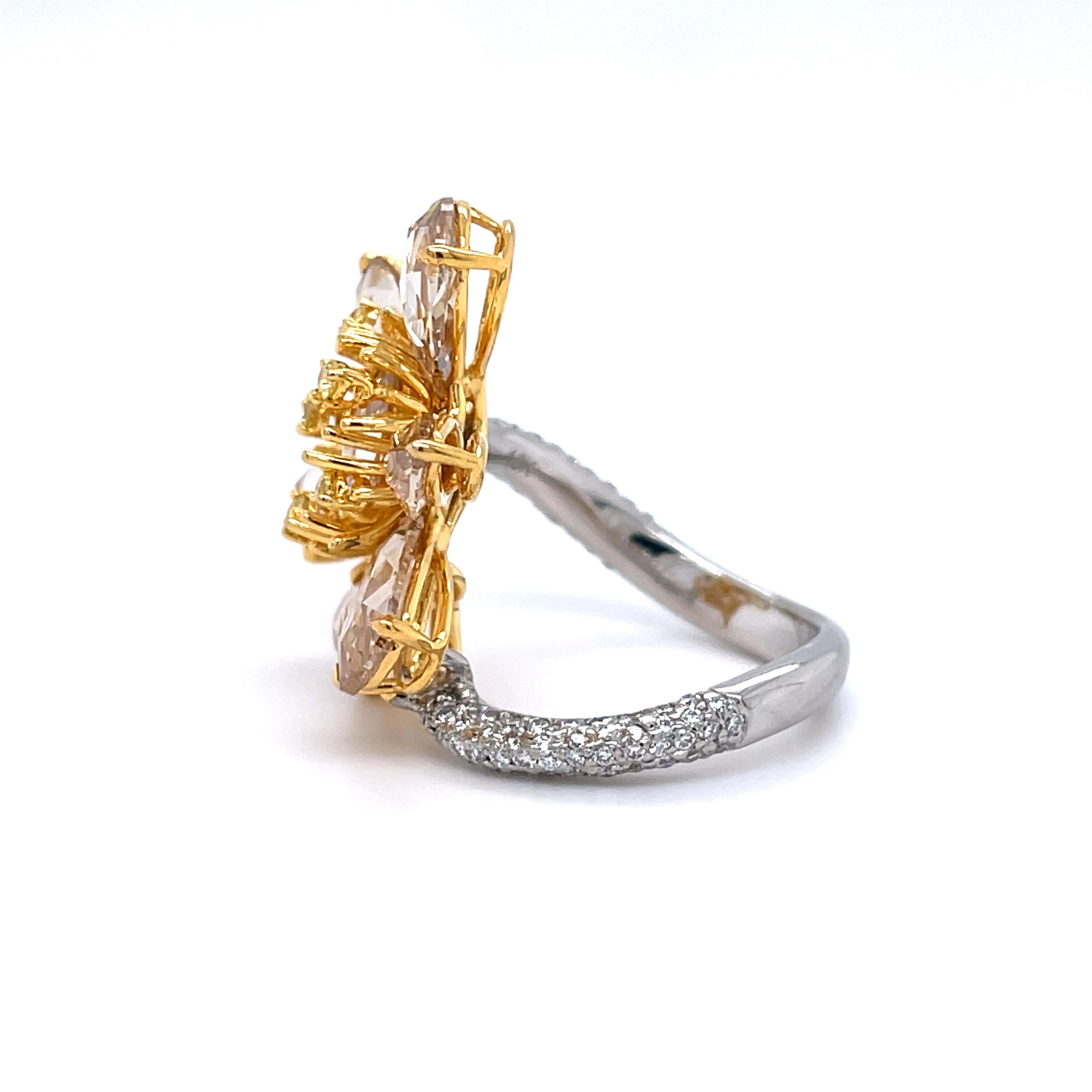 Enchanting Floral Display: Fancy Rose Cut Diamond Cocktail Ring in 18k Gold

This captivating cocktail ring features a breathtaking display of fancy rose cut diamonds, boasting a total carat weight of approximately 6.29 carats. The rose cut diamonds