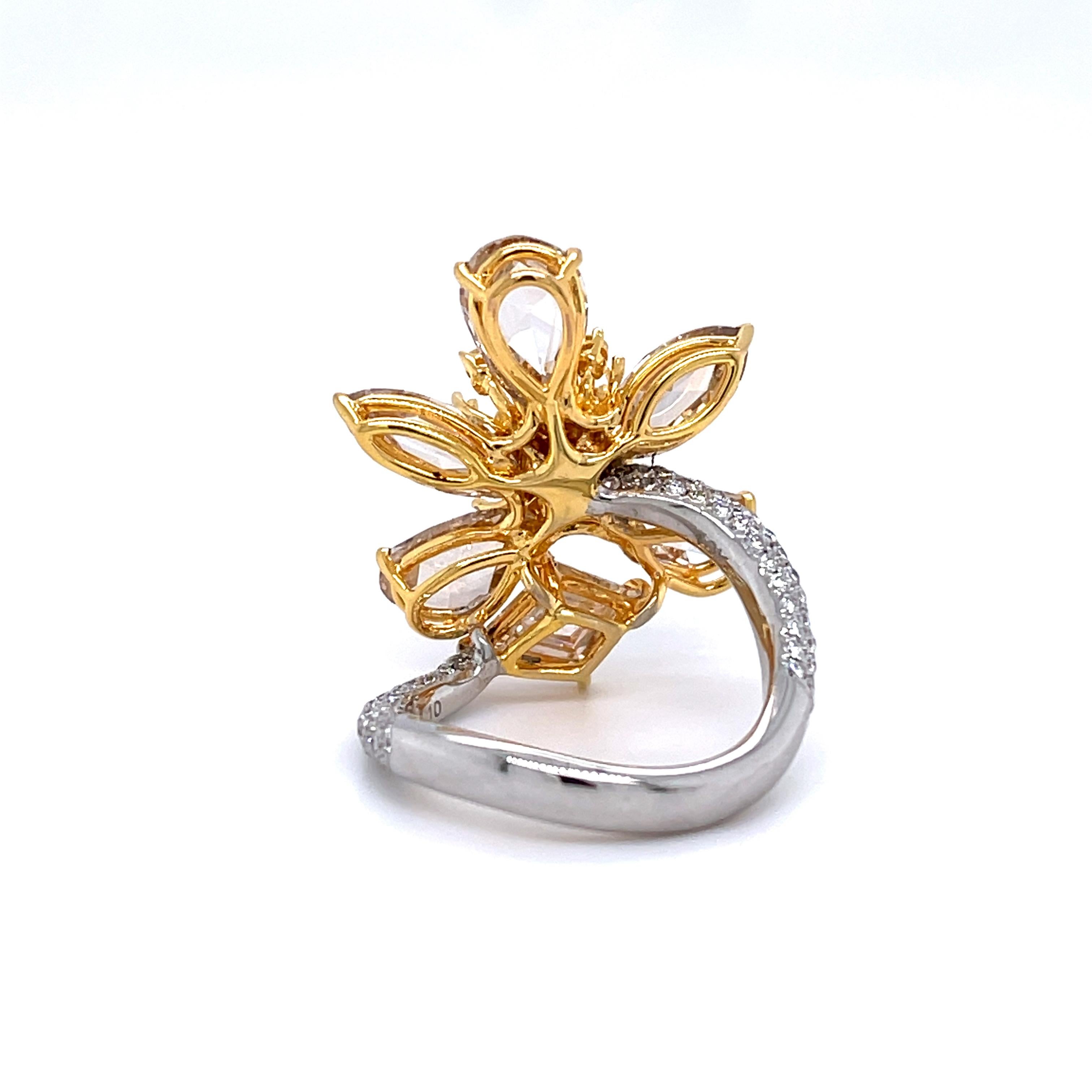 Contemporary Rose Cut 6.29 CTW Floral Diamond Ring in 18K Gold For Sale