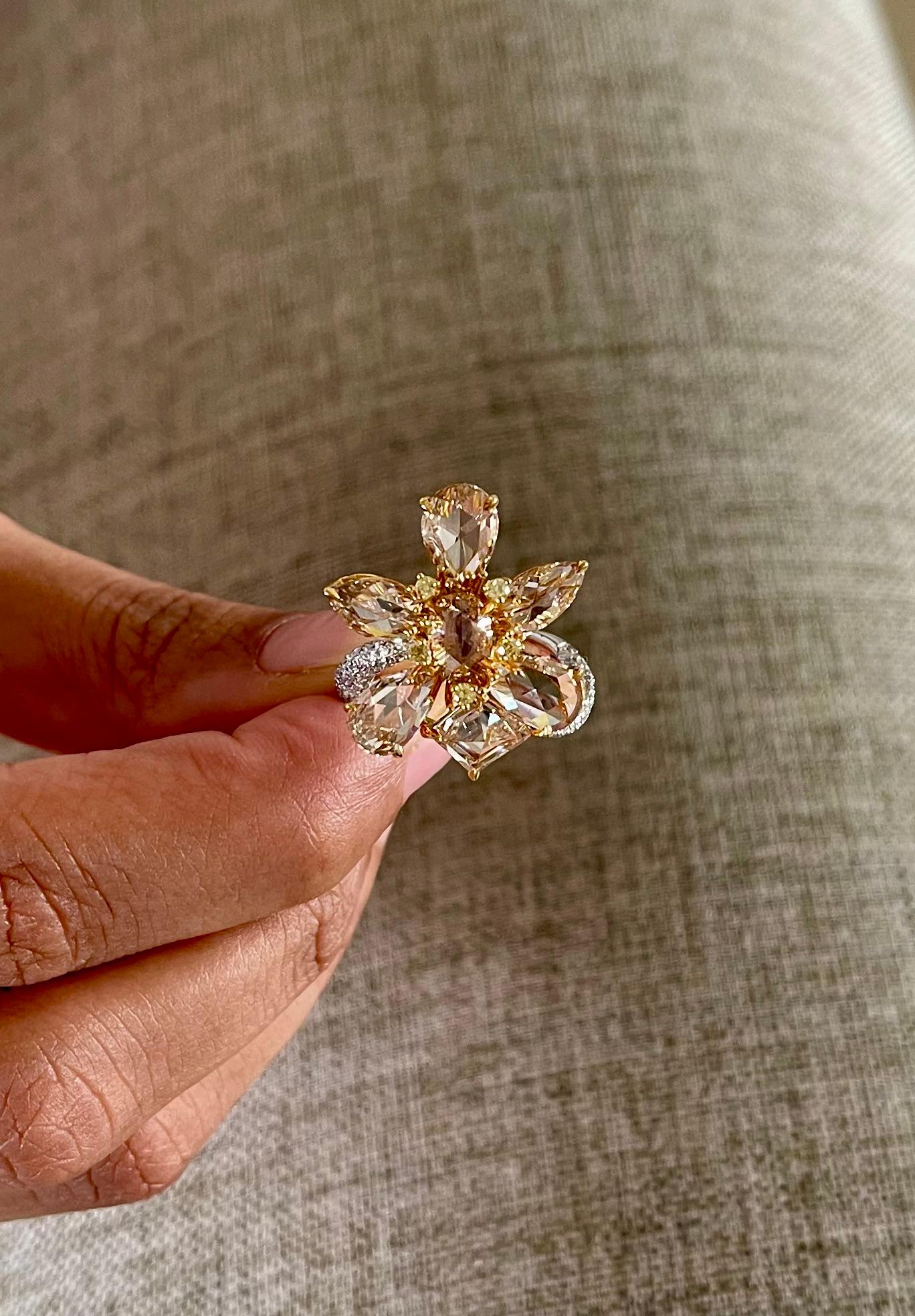 Bague florale en or 18 carats avec diamants taille rose 6,29 carats Pour femmes en vente