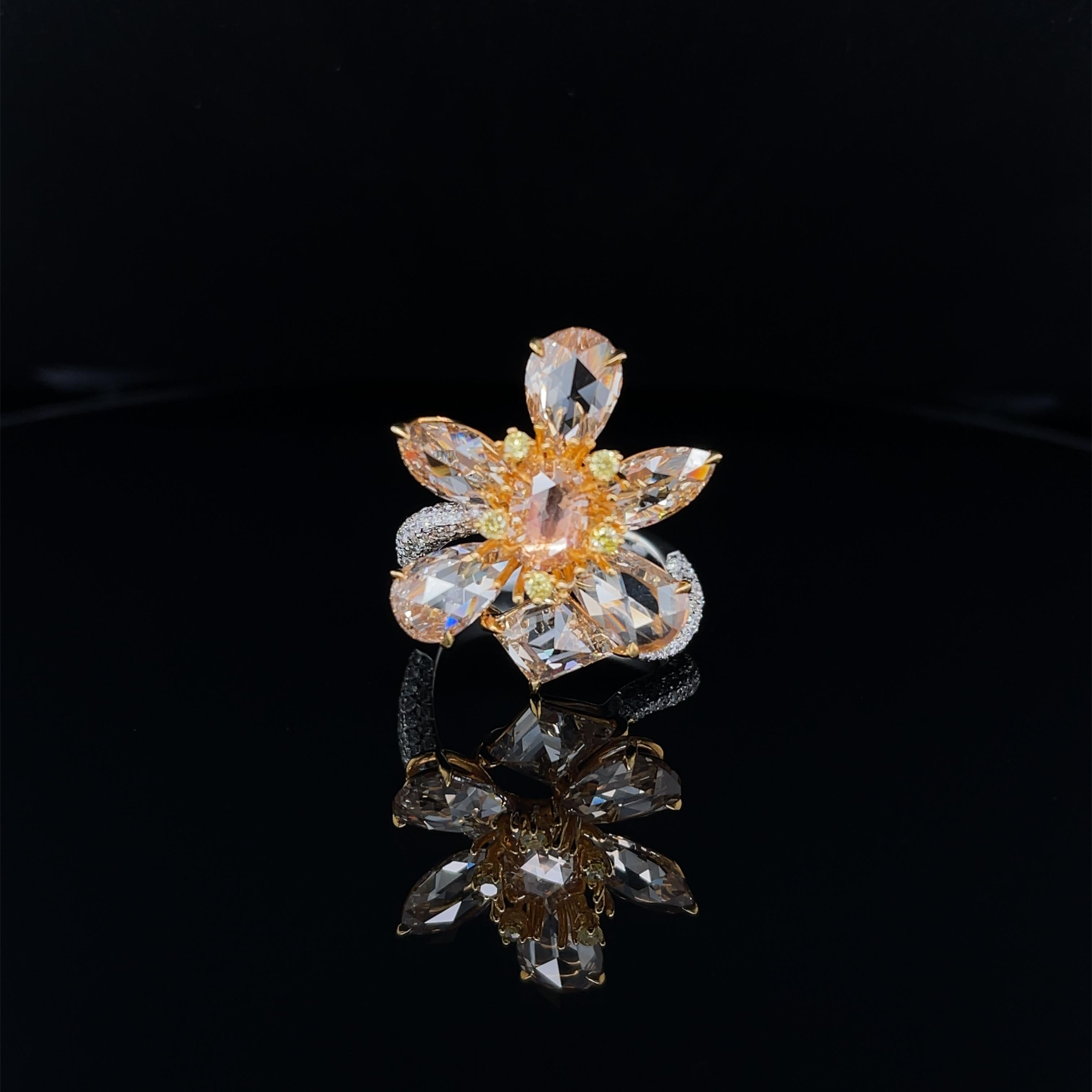 Rose Cut 6.29 CTW Floral Diamond Ring in 18K Gold For Sale 3