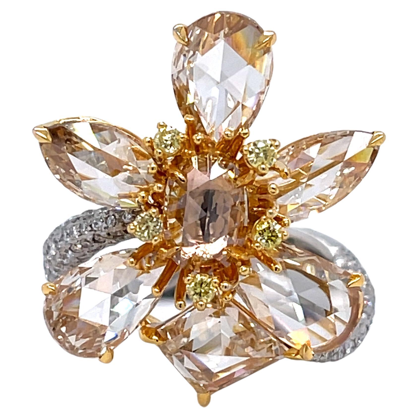 Rose Cut 6.29 CTW Floral Diamond Ring in 18K Gold For Sale