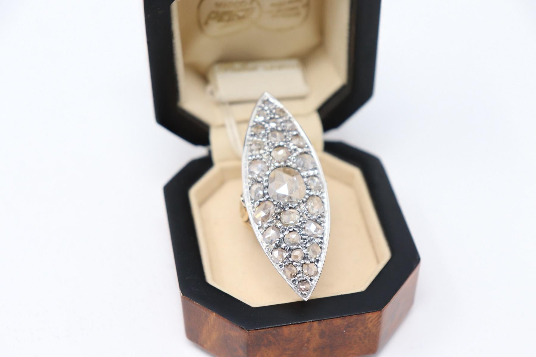 Women's Rose Cut 6.50 Carat Diamonds White Gold Engagement Ring, 1980s For Sale