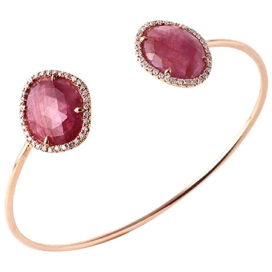 Rose Cut 9.98 Ct Pink Sapphire 0.39 Ct Diamonds 14k Rose Gold Bangle Bracelet