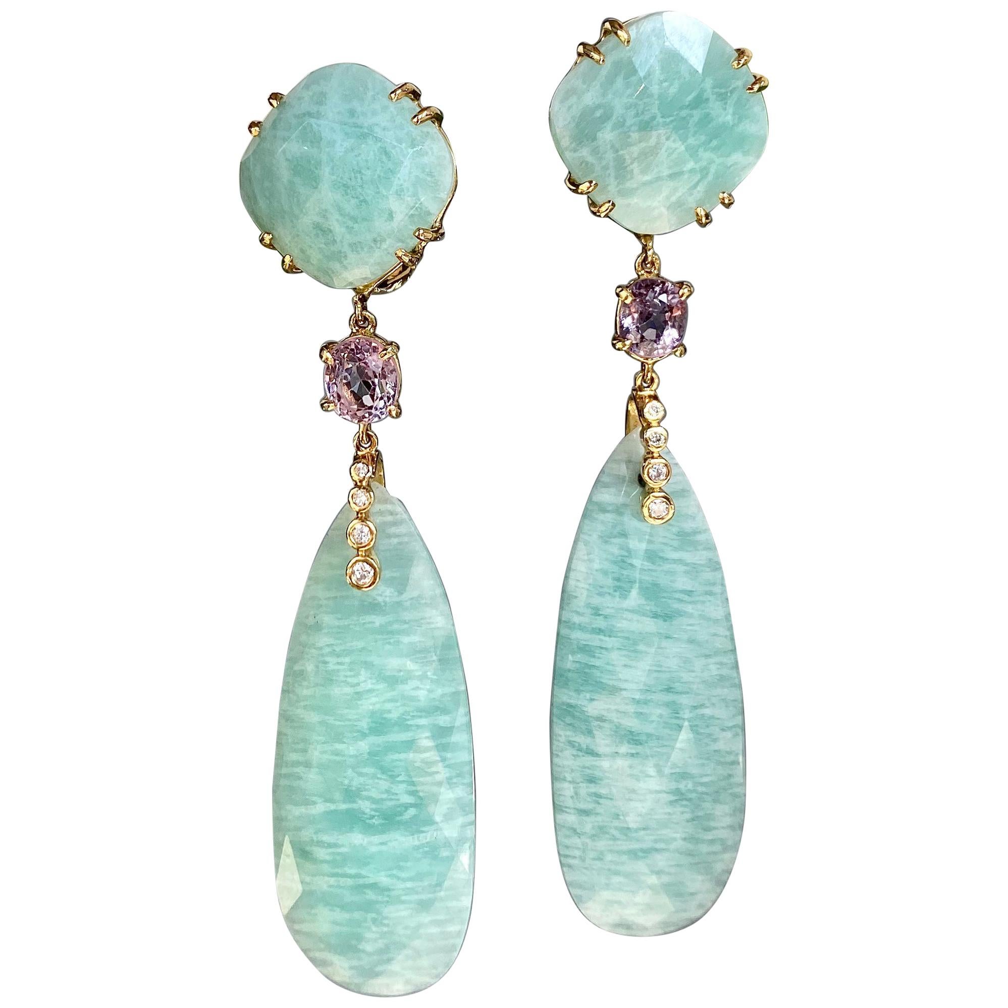 18 Karat Yellow Gold Rose Cut Amazonite Spinel Diamond Drop Dangle
