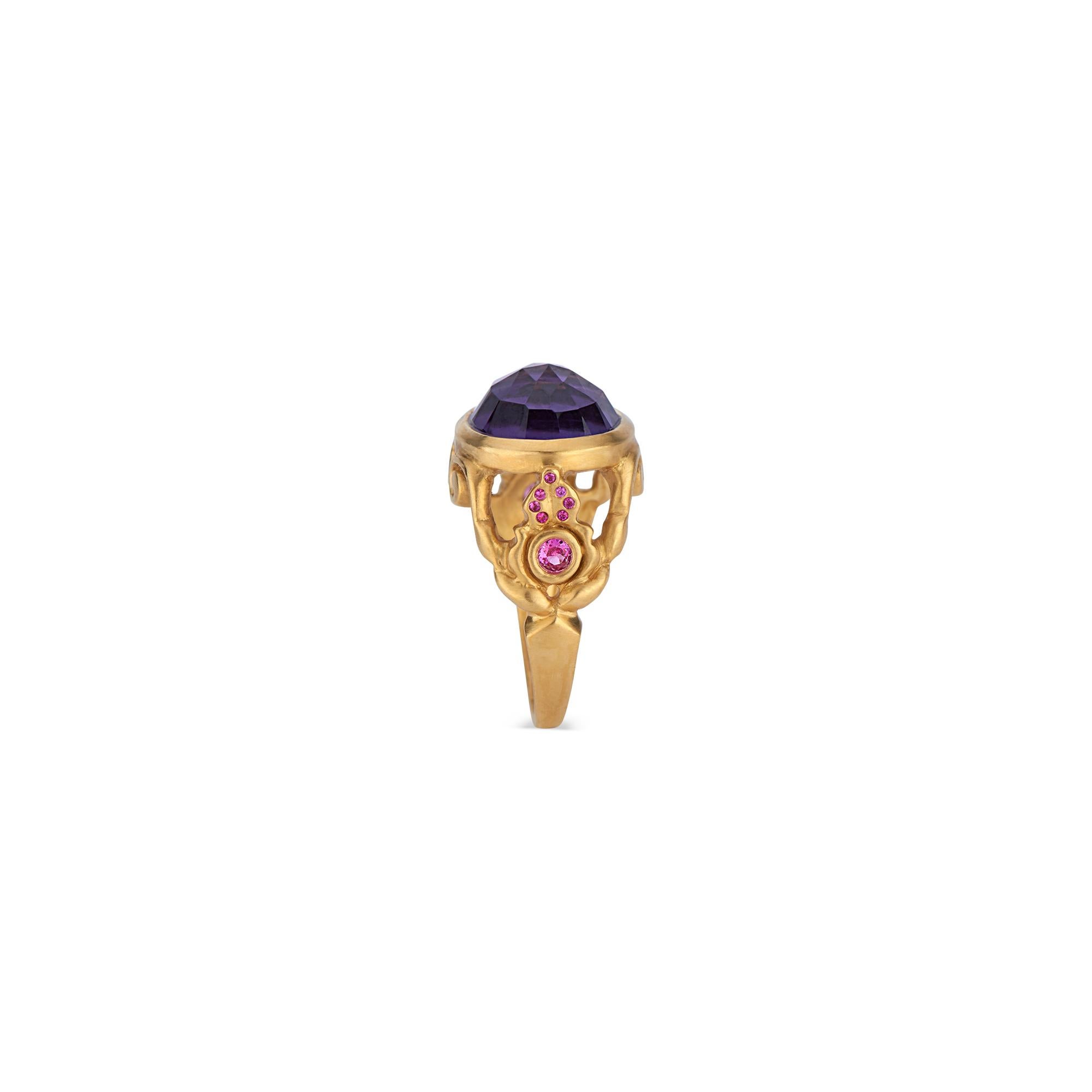 Medieval Rose Cut Amethyst and Fuchsia-Sapphire Cocktail Ring in Gold For Sale