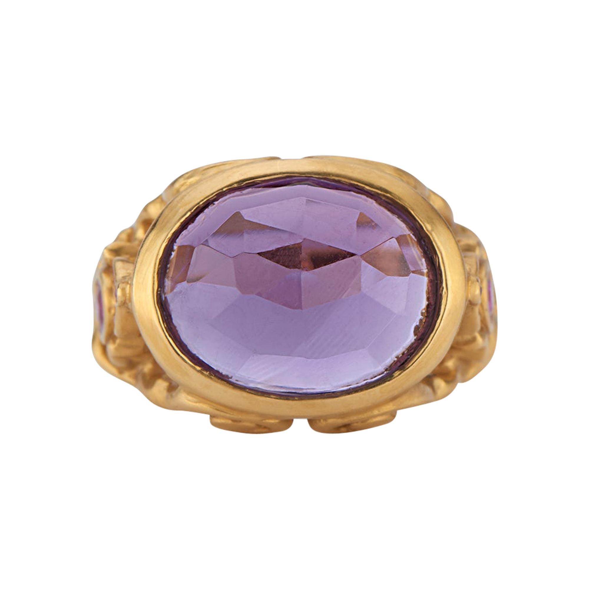 Rose Cut Amethyst and Fuchsia-Sapphire Cocktail Ring in Gold For Sale