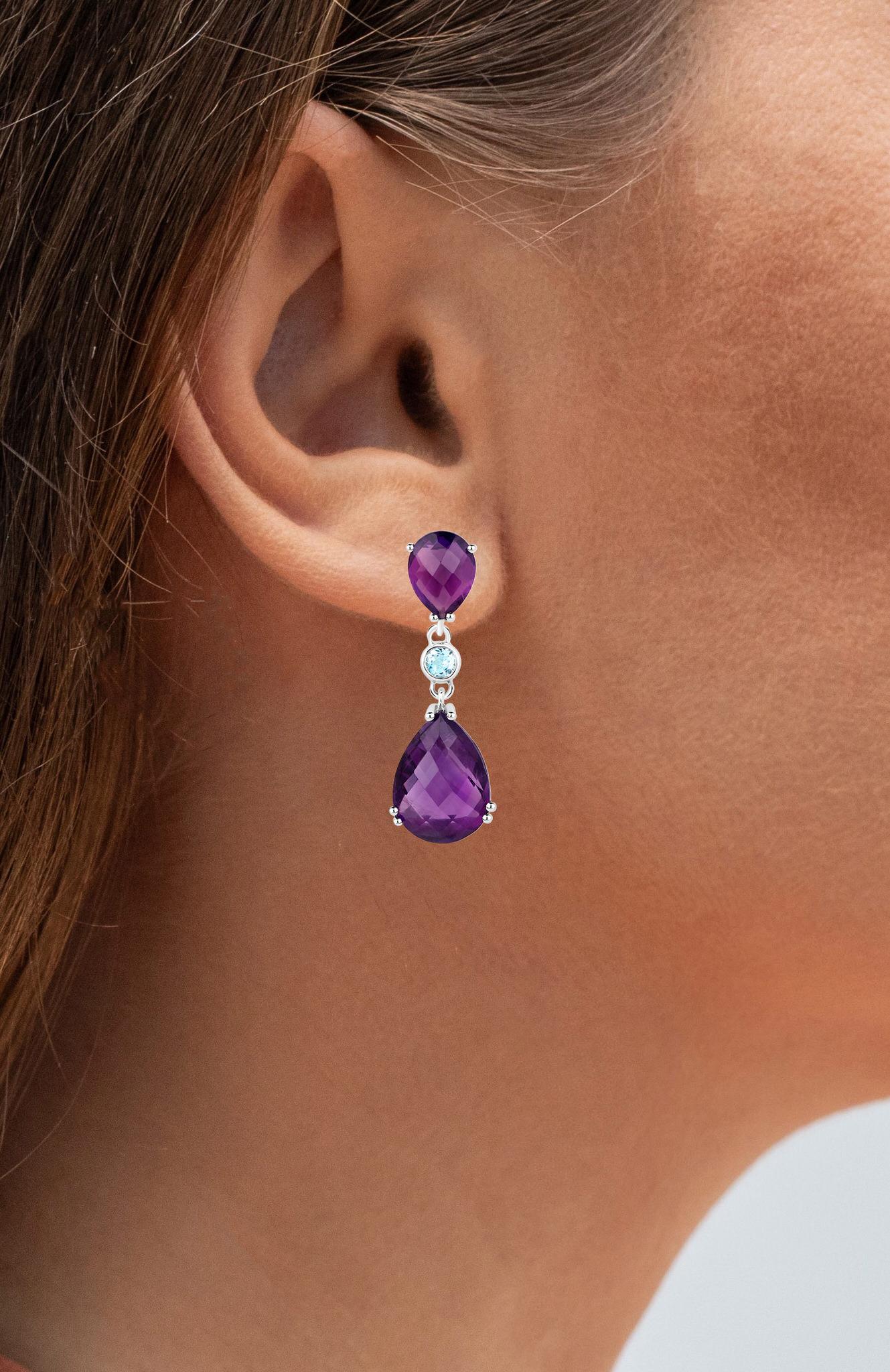Contemporain Boucles d'oreilles Améthyste taille rose Topaze bleue 11,8 carats Argent Sterling en vente