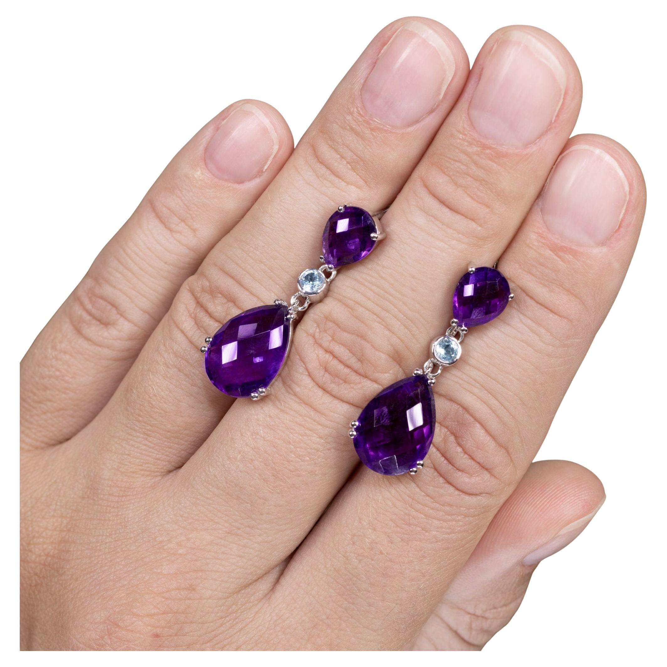 Amethyst-Ohrringe mit Rosenschliff Blauer Topas 11,8 Karat Sterling Silber