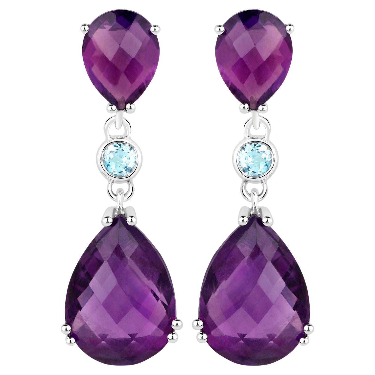 Rose Cut Amethyst Earrings Blue Topaz 11.8 Carats Sterling Silver