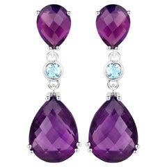 Rose Cut Amethyst Earrings Blue Topaz 11.8 Carats Sterling Silver