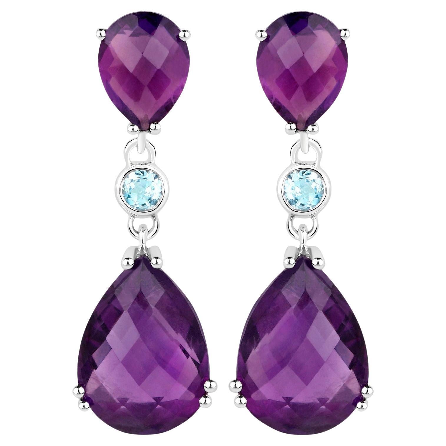 Rose Cut Amethyst Earrings Blue Topaz 11.8 Carats Sterling Silver For Sale