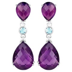 Rose Cut Amethyst Earrings Blue Topaz 11.8 Carats Sterling Silver