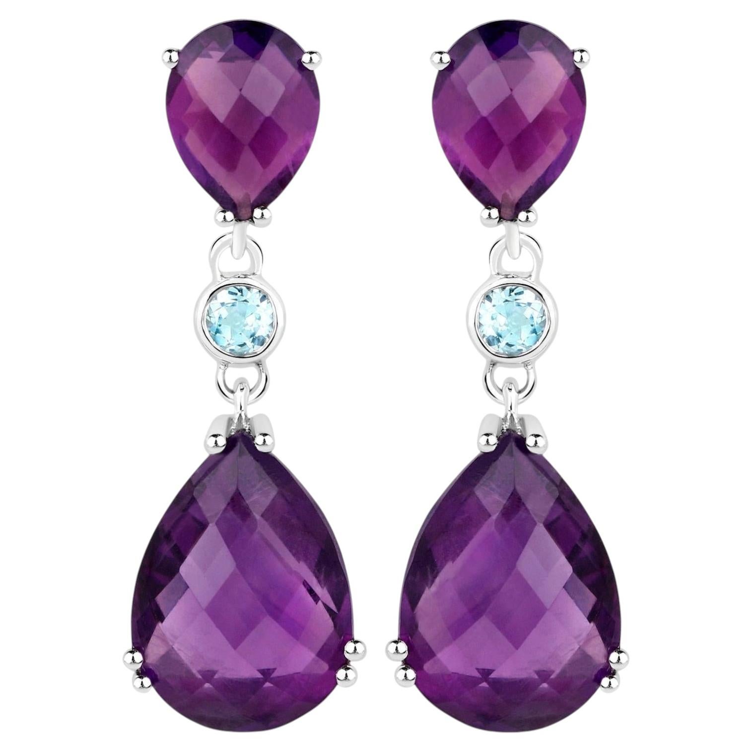 Rose Cut Amethyst Earrings Blue Topaz 11.8 Carats Sterling Silver