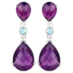 Rose Cut Amethyst Earrings Blue Topaz 11.8 Carats Sterling Silver
