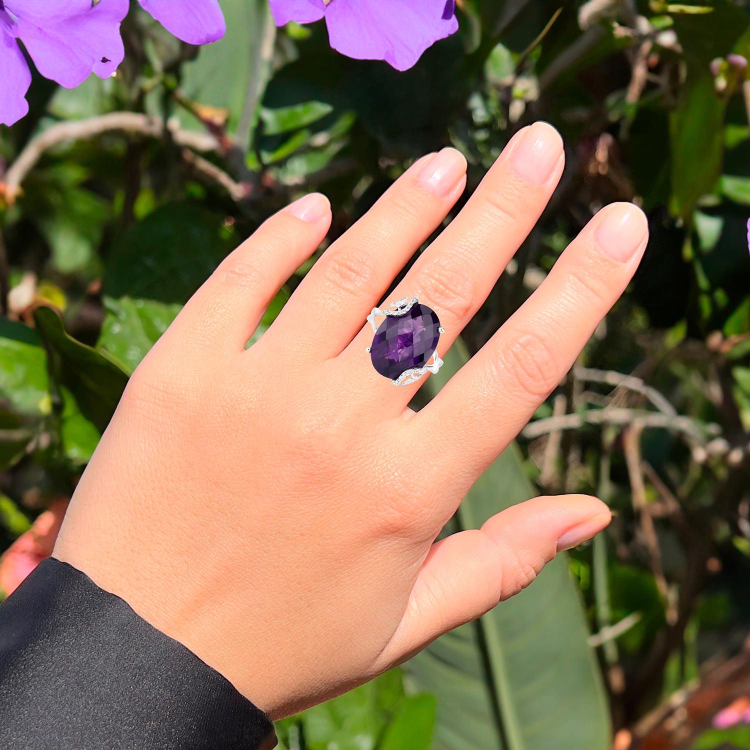 Contemporary Rose Cut Amethyst Ring with White Topaz 10.43 Carats Sterling Silver For Sale