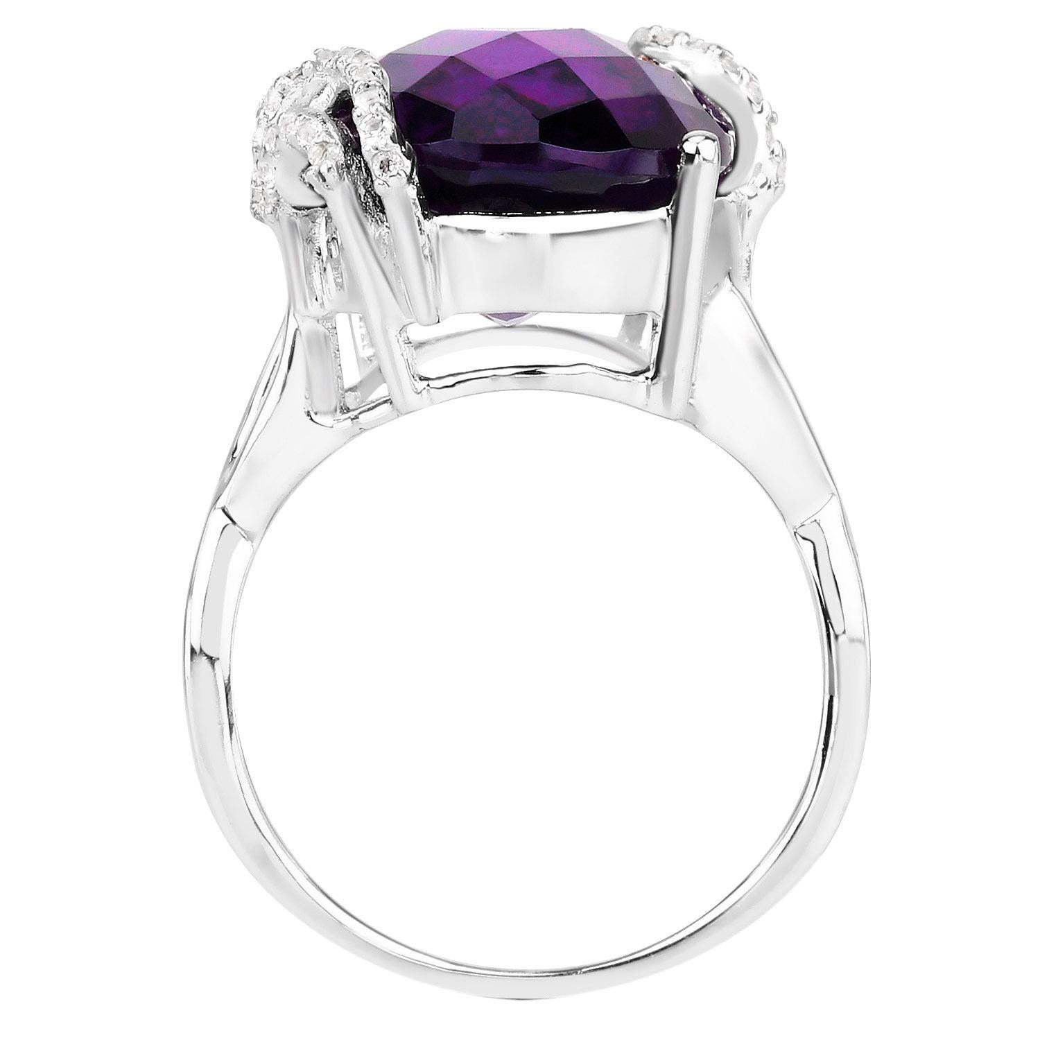 Women's or Men's Rose Cut Amethyst Ring with White Topaz 10.43 Carats Sterling Silver For Sale