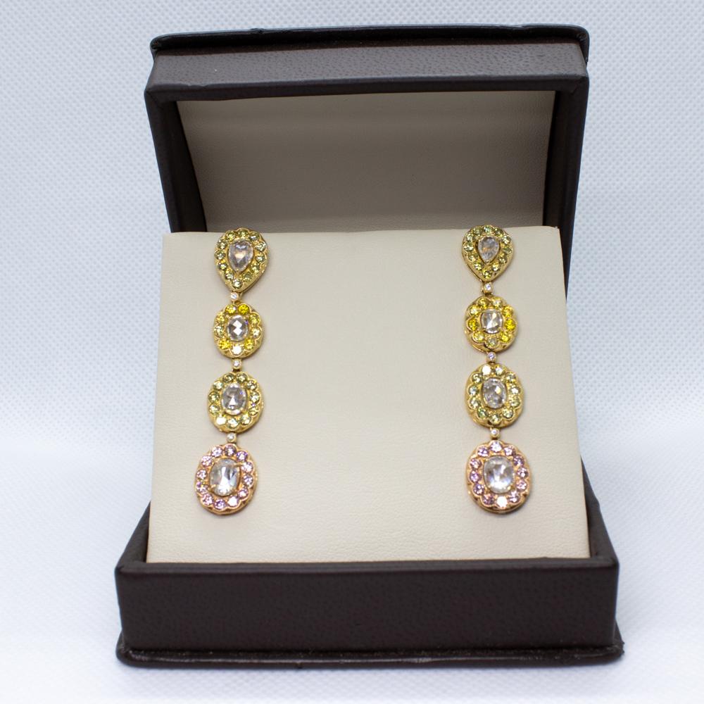 Boucles d'oreilles pendantes en diamant jaune fantaisie et taille rose Excellent état - En vente à Scottsdale, AZ