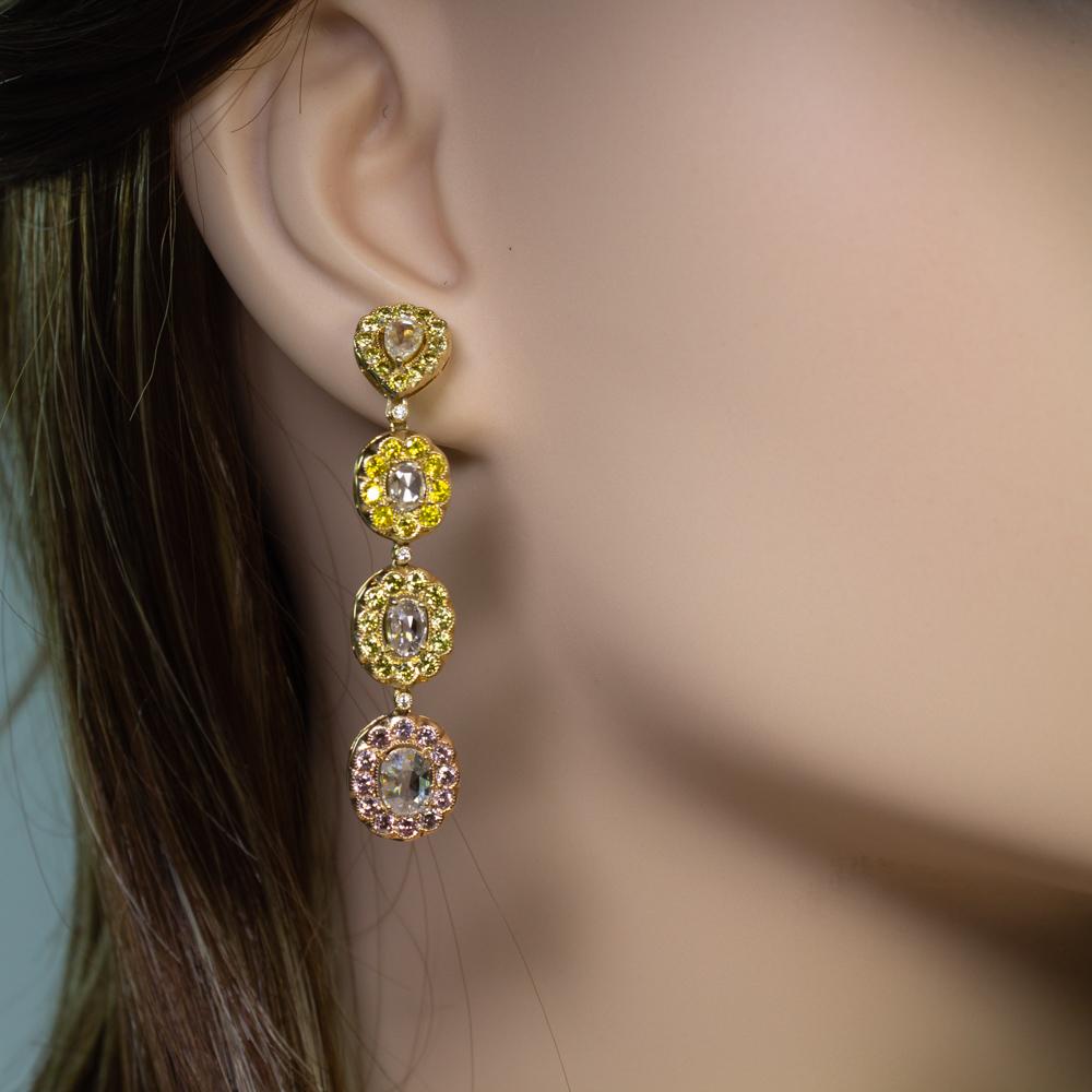 Boucles d'oreilles pendantes en diamant jaune fantaisie et taille rose Pour femmes en vente