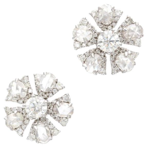 Rose Cut and Round Brilliant Diamond Stud Earrings in 18K Gold For Sale