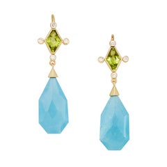 Rose Cut Aquamarine, Diamond-Shaped Peridot, and Diamond Earrings in 18 Karat YG