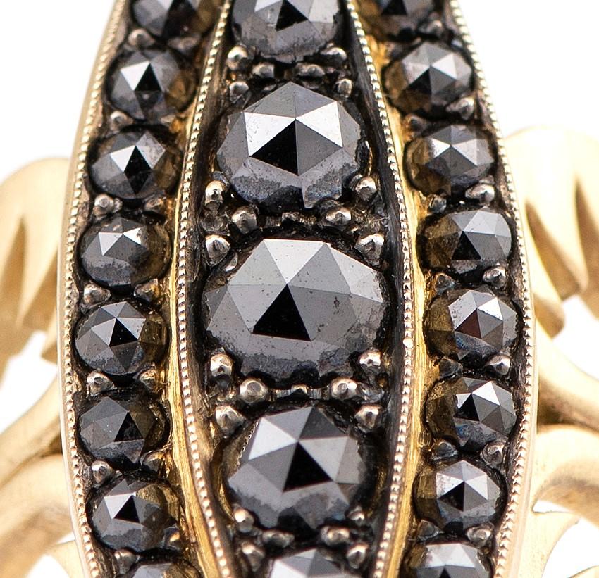Women's or Men's Rose Cut Black Diamond Navette Style Ring For Sale