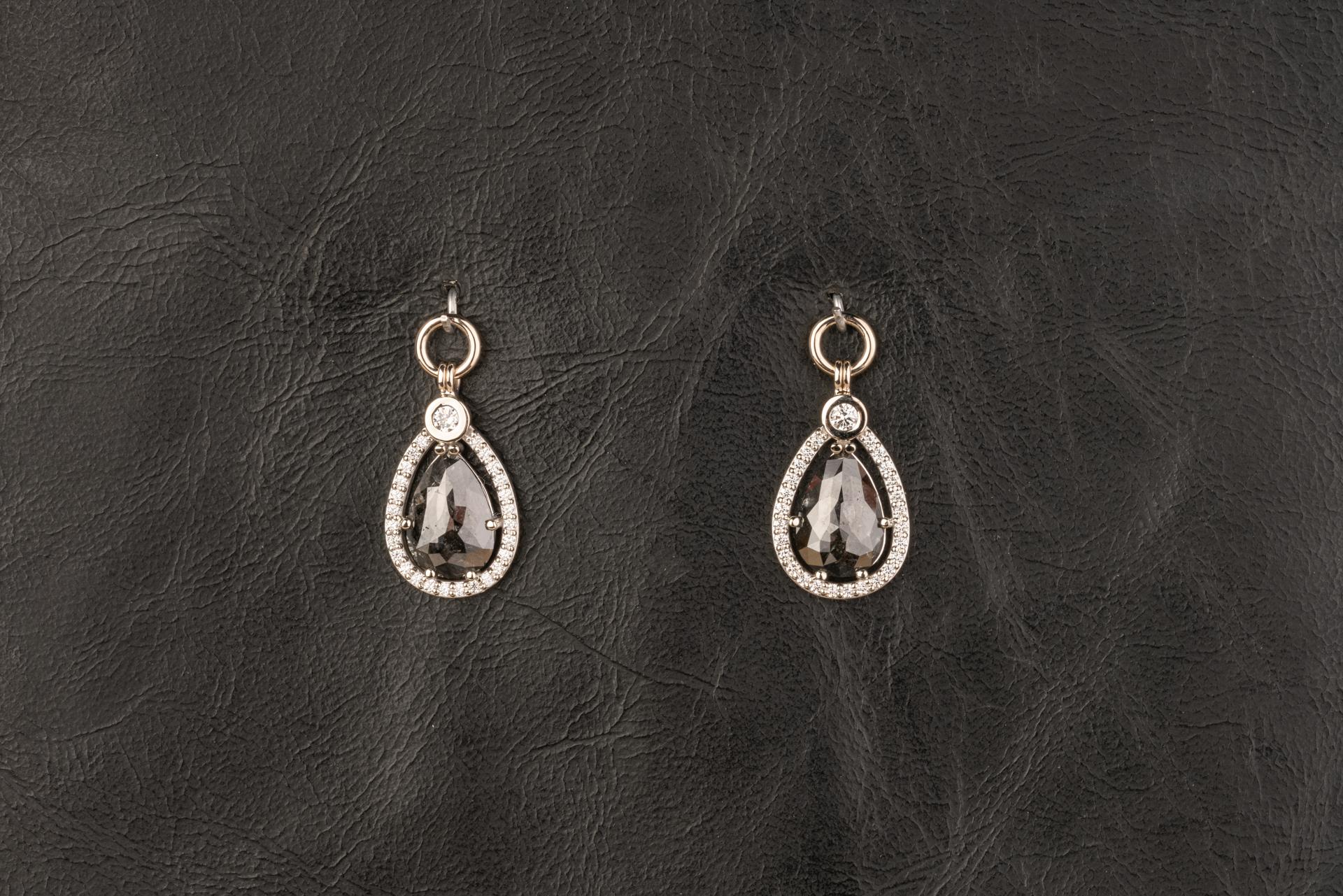 Contemporary Rose Cut Black Diamond Pear-Shaped Halo Jackets on Black Diamond Halo Studs