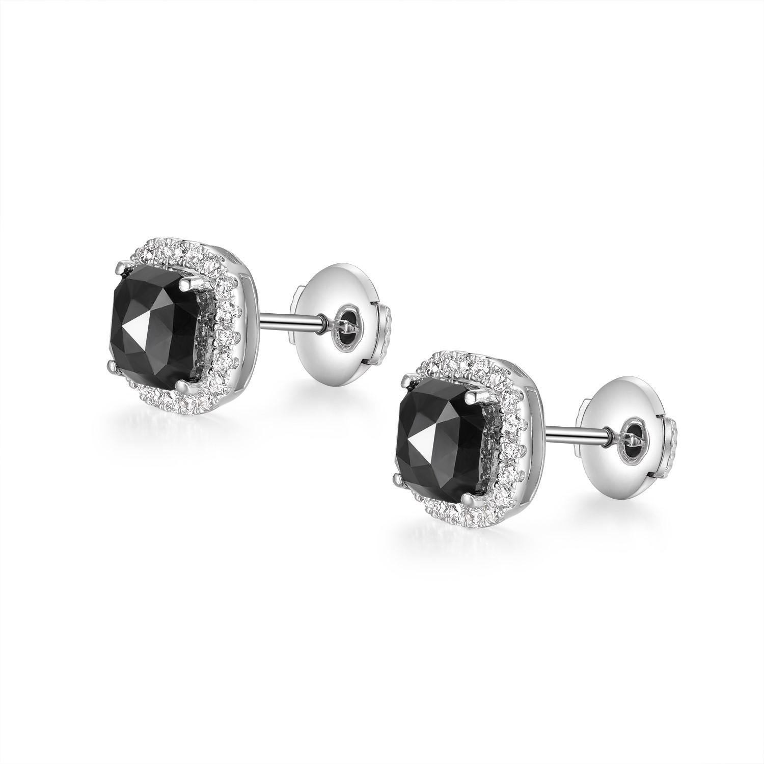 These exquisite stud earrings showcase the unique allure of rose-cut black diamonds, each weighing 1.83 carats, set in a luxurious 14K white gold. The central black diamonds exude a sophisticated charm, their multifaceted rose cut enhancing the