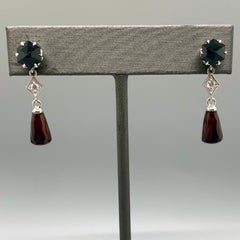 Rose-Cut Black Spinel, Diamond, Red Garnet Briolette, 14k WG Earrings by G&G