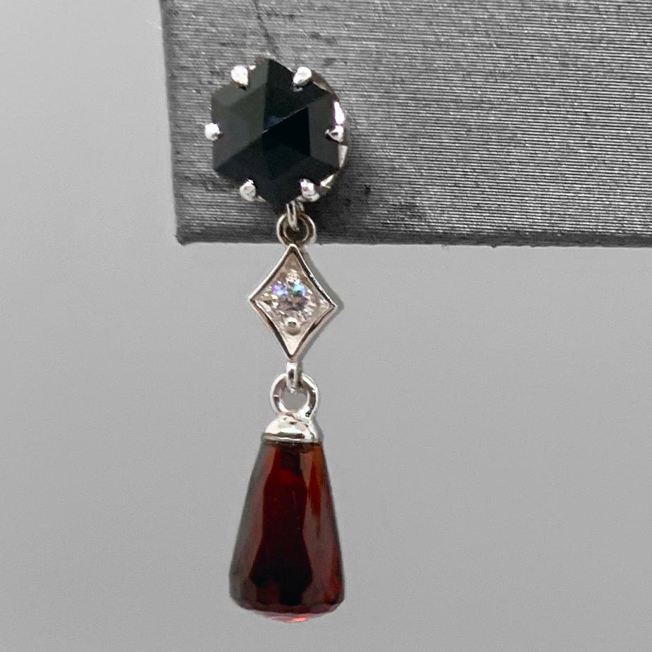 Briolette Cut Rose-Cut Black Spinel, Diamond, Red Garnet Briolette, 14k WG Earrings by G&G For Sale