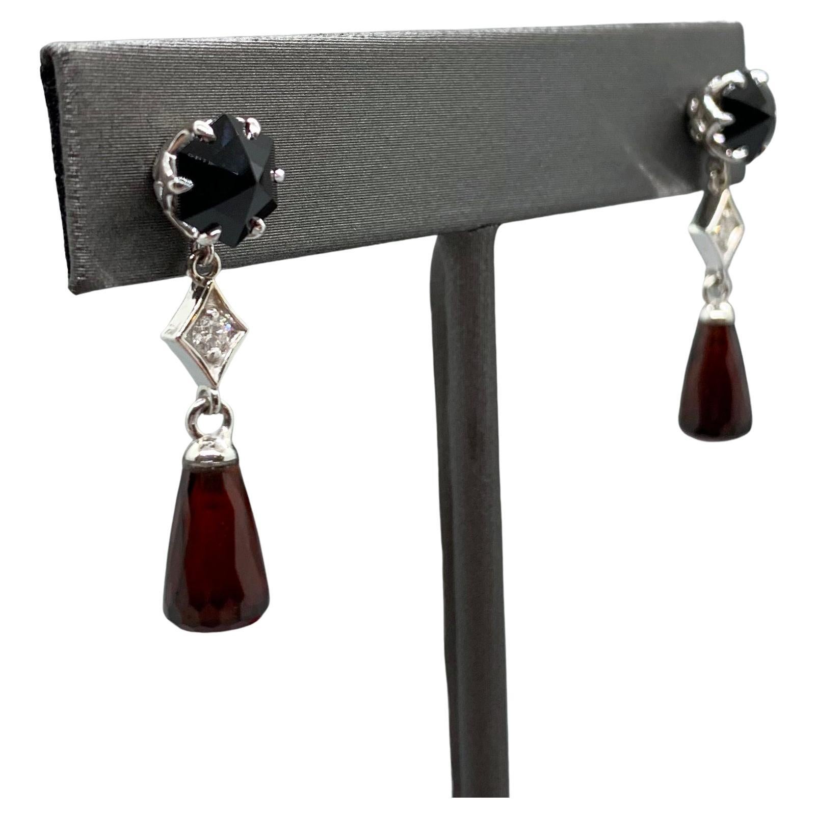 Rose-Cut Black Spinel, Diamond, Red Garnet Briolette, 14k WG Earrings by G&G For Sale