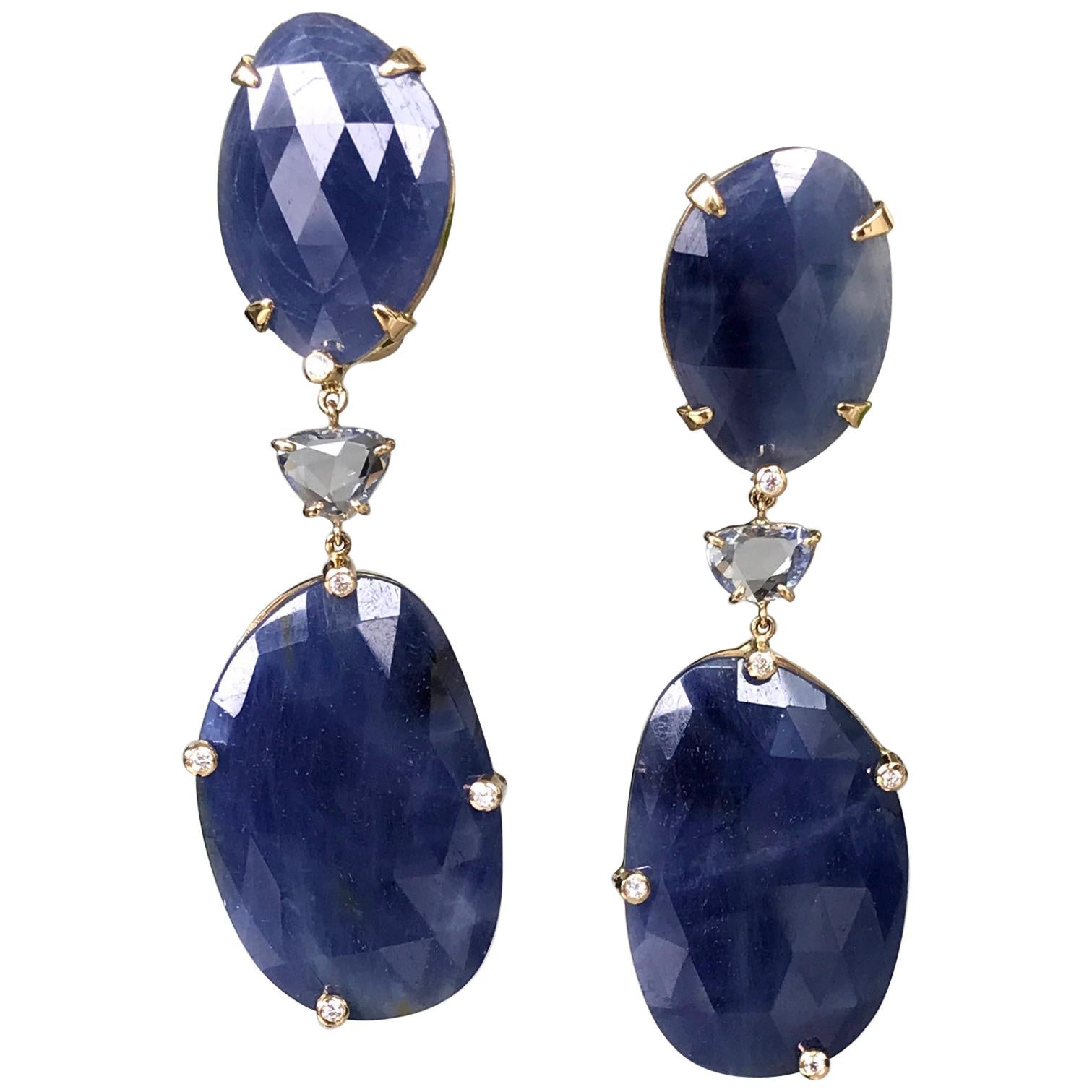 18 Karat Yellow Gold Rose Cut Blue Sapphire Diamond Drop Dangle Earrings