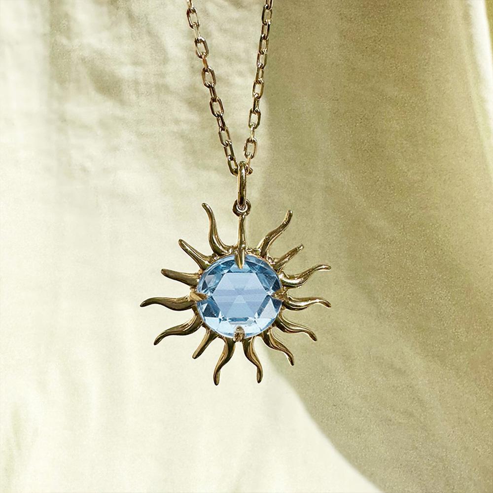 Women's Rose Cut Blue Sapphire Golden Sun Pendant, 10kt Gold with Paper-link Chain For Sale