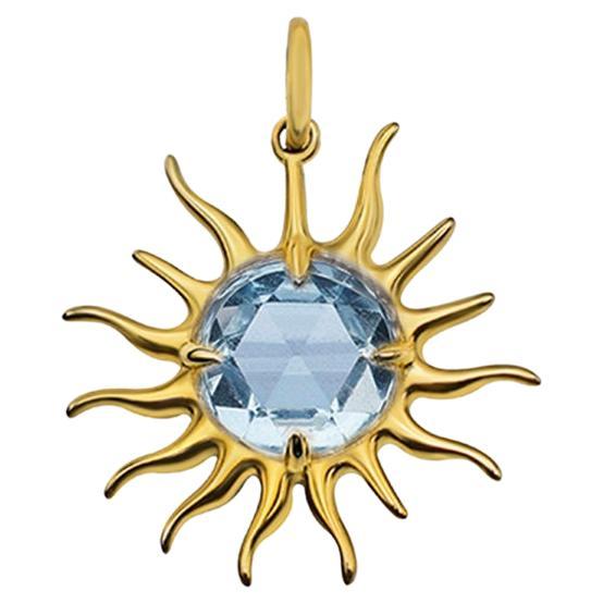 Rose Cut Blue Sapphire Golden Sun Pendant, 10kt Gold with Paper-link Chain For Sale
