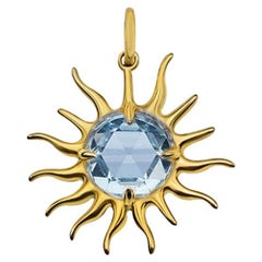Rose Cut Blue Sapphire Golden Sun Pendant, 10kt Gold with Paper-link Chain