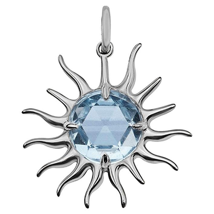 Rose Cut Blue Sapphire Sun Pendant, 10 Karat White Gold with Paper-Link Chain For Sale